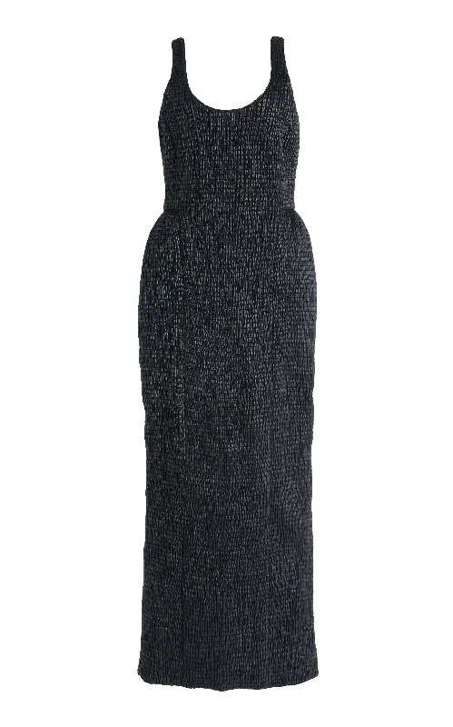 Summer-ready fashion for stylish women Girard Shirred Maxi Dress with Lining in Black Pearlized Nappa Leather Summer-ready fashion for stylish women Girard Shirred Maxi Dress with Lining in Black Pearlized Nappa Leather