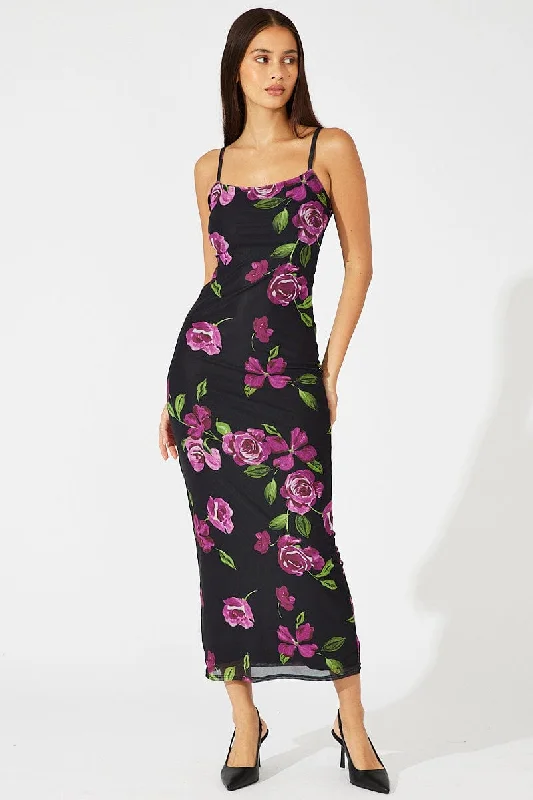 Black Floral Bodycon Maxi Dress Mesh