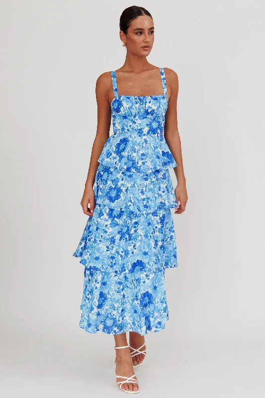 Provence Bloom Tiered Floral Maxi Dress Blue