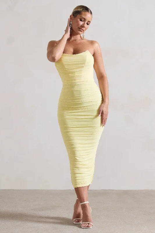 Nylah | Lemon Ruched Corset Bodycon Midi Dress