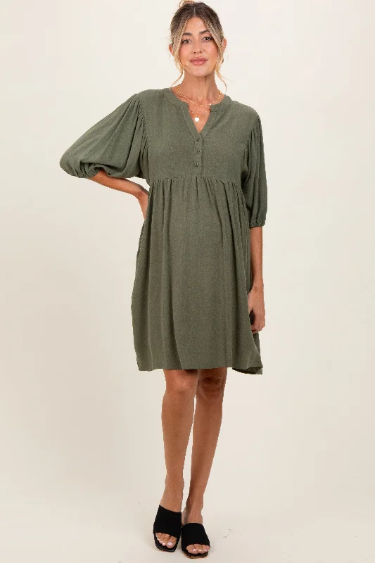 Olive Button Up Split Neck Maternity Dress