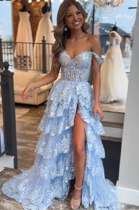 Princess Lace Tiered Stunning Blue Prom Dress With Lace Ruffles PSK516