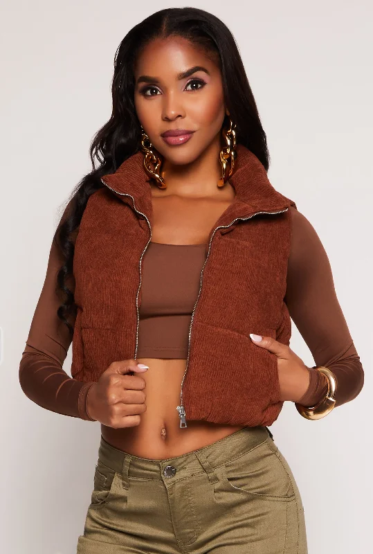 Corduroy Zip Front Cropped Puffer Vest