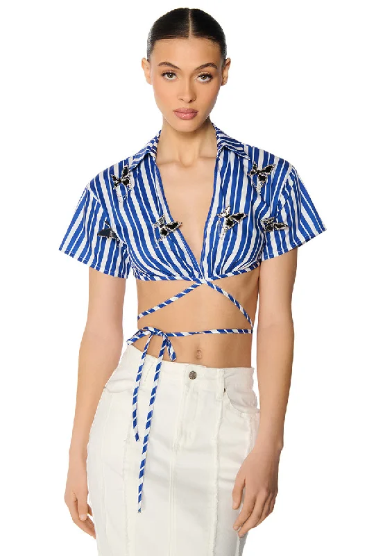 LENI STRIPED EMBELLISHED TIE FRONT BLOUSE