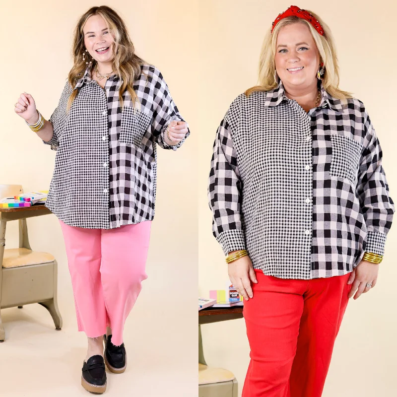 Waiting For You Mix Plaid Button Up Top in Black