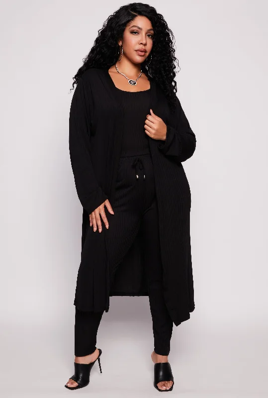 Plus Size Ribbed Knit Long Sleeve Duster