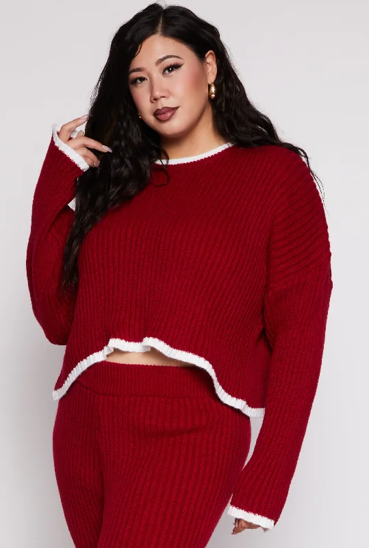 Plus Size Contrast Trim Knit Sweater