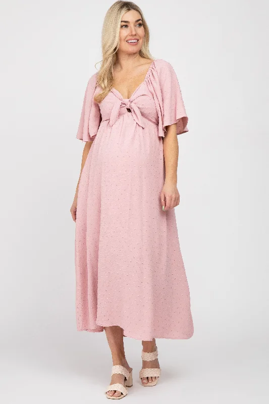 Mauve Textured Dot Front Tie Ruffle Sleeve Maternity Midi Dress