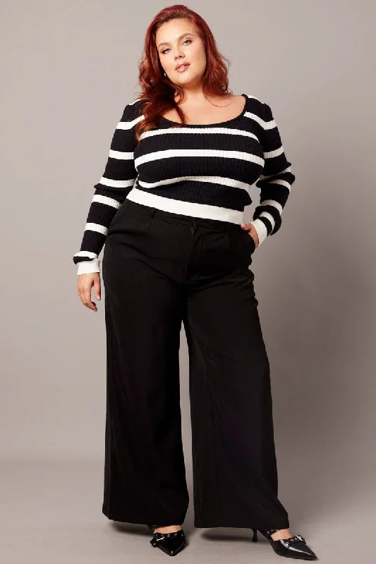 Dress up or down with these versatile pieces   White Stripe Knit Top Long Sleeve Scoop Neck